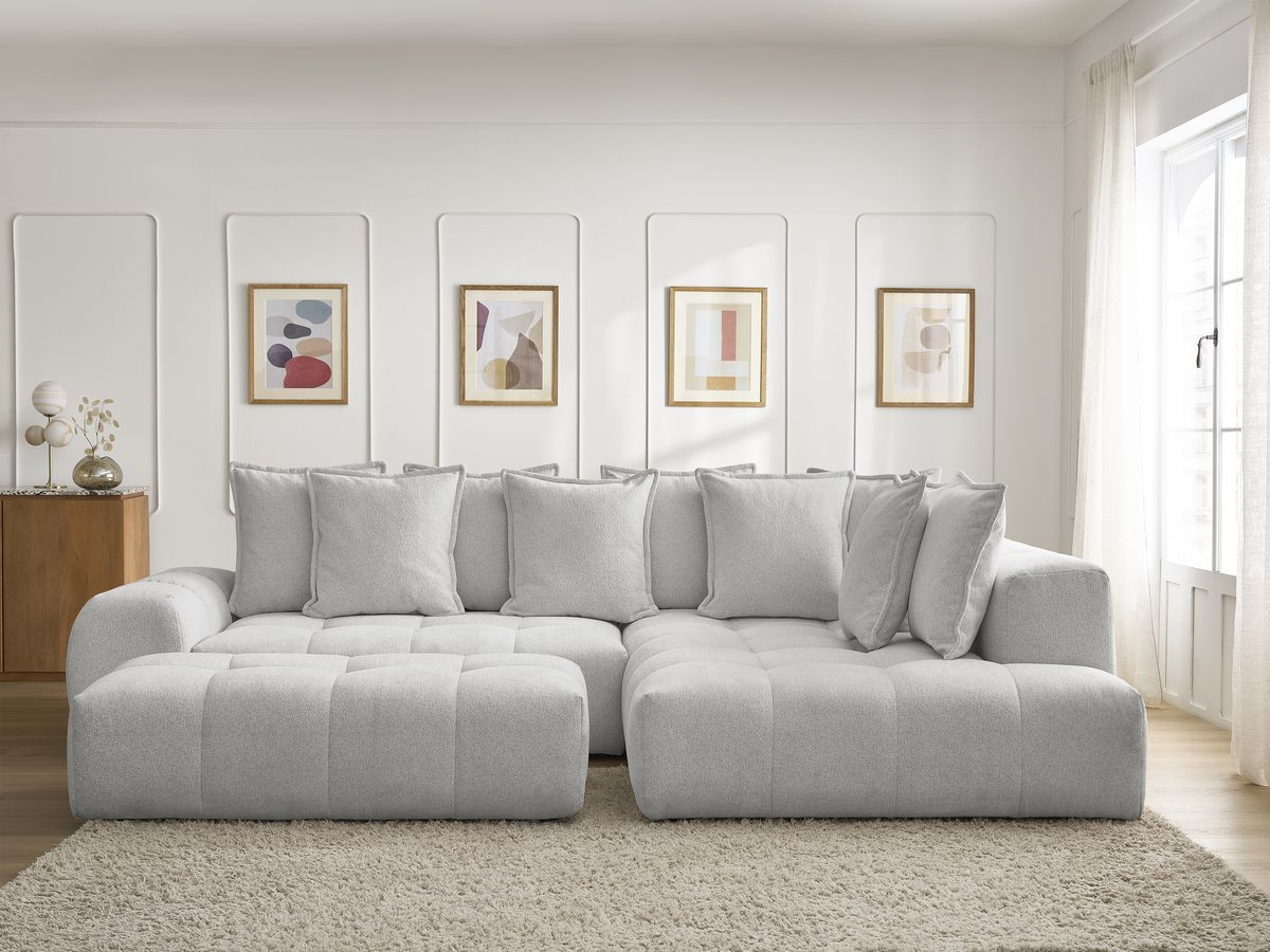 Canapé d'angle L convertible coffre EVEREST tissu chiné avec pouf gris clair angle droit BOBOCHIC 4 places - Vue supplémentaire 3