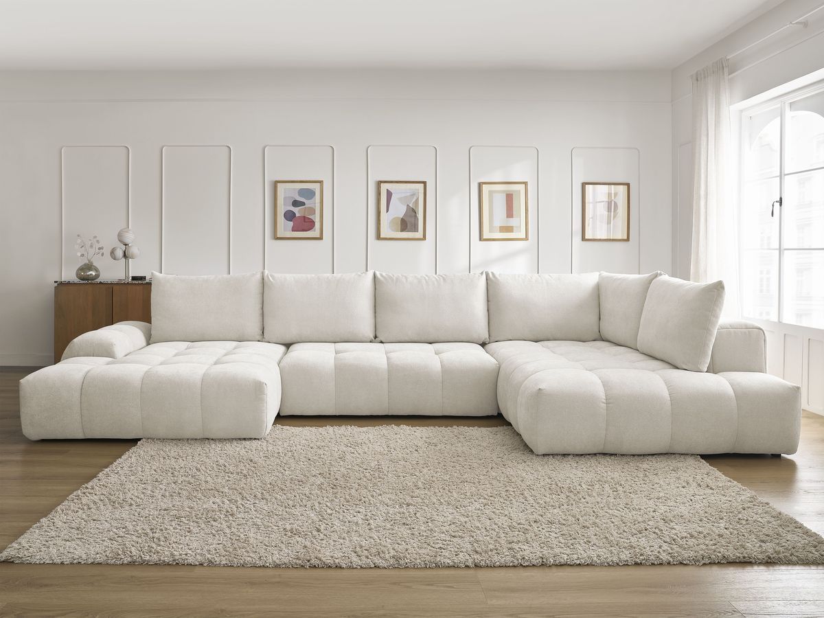 Canapé panoramique convertible coffre EVEREST tissu texturé blanc angle gauche BOBOCHIC 6 places - Vue supplémentaire 3