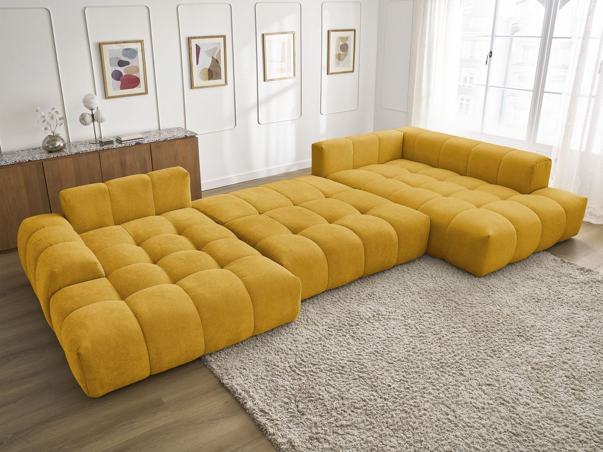 Canapé d'angle fixe EVEREST tissu chiné - Orange - Angle droit - 10 coussins