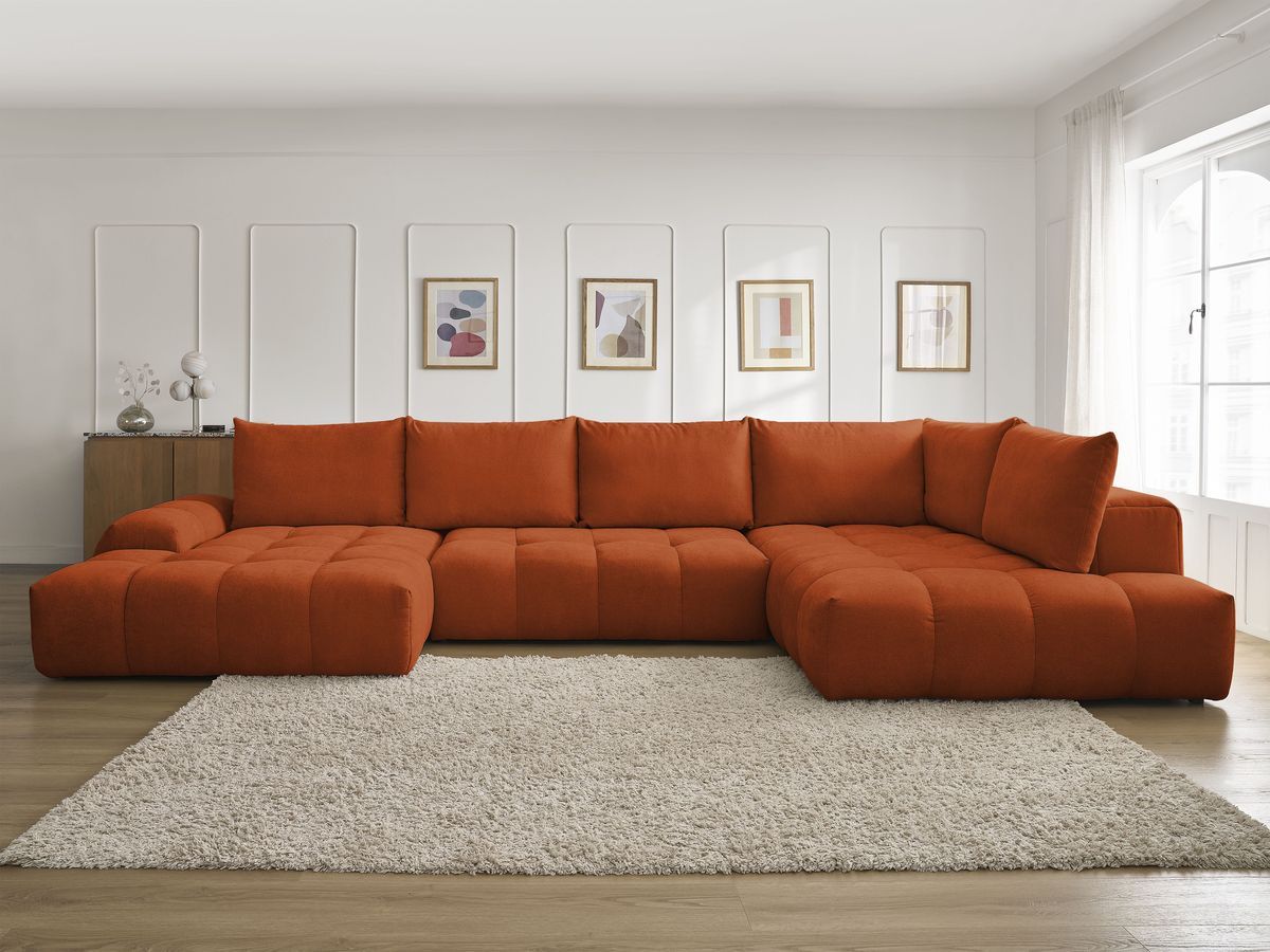 Canapé panoramique convertible coffre EVEREST tissu texturé orange angle gauche BOBOCHIC 6 places - Vue supplémentaire 3