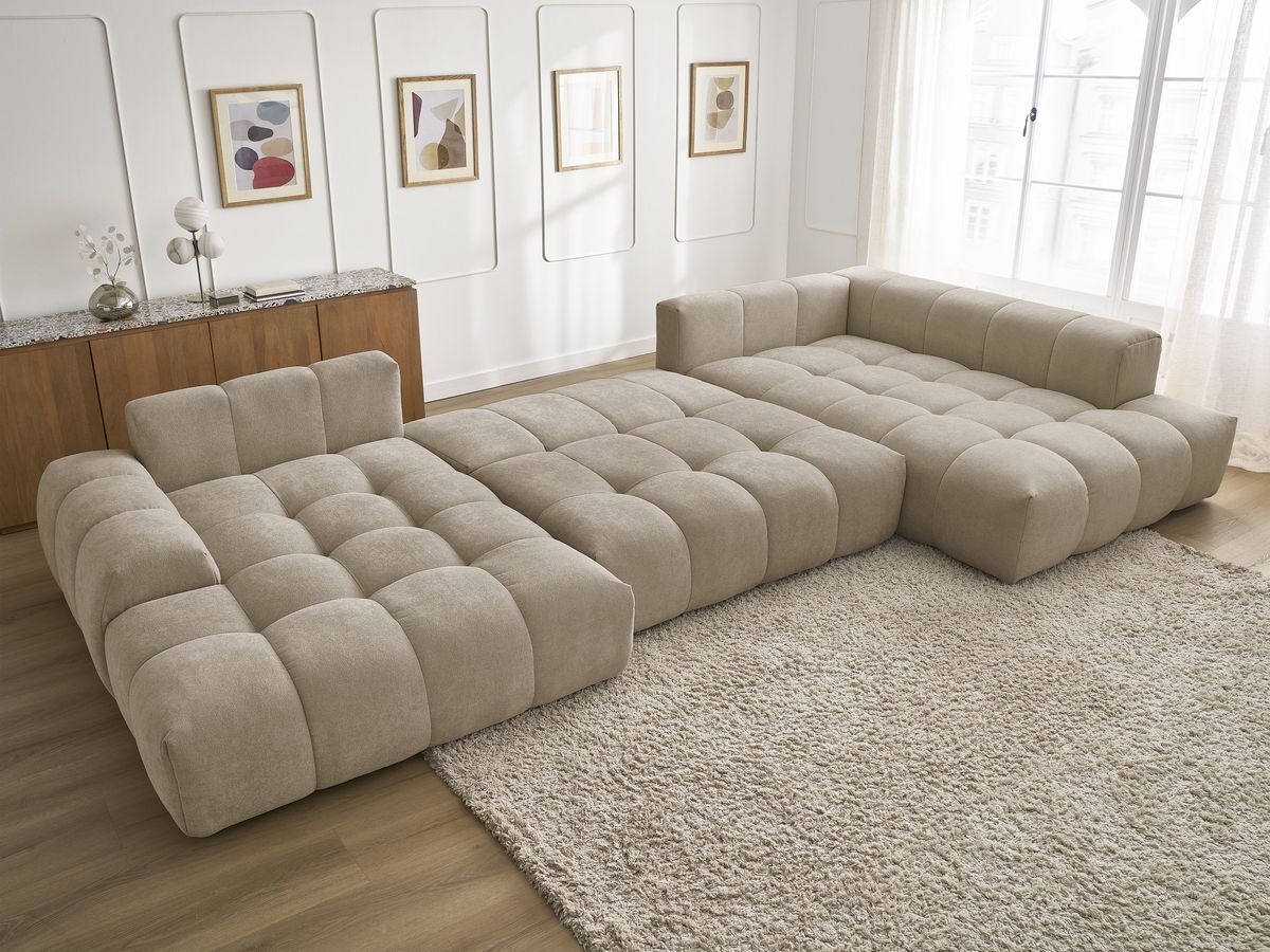 Canapé d'angle fixe EVEREST tissu chiné - Orange - Angle droit - 10 coussins