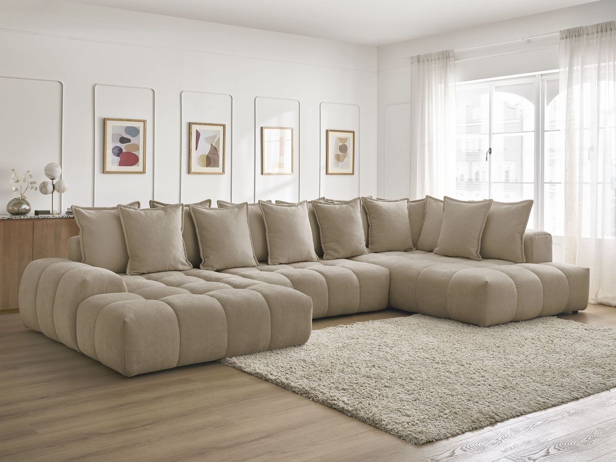 Canapé d'angle fixe EVEREST tissu chiné - Orange - Angle droit - 10 coussins