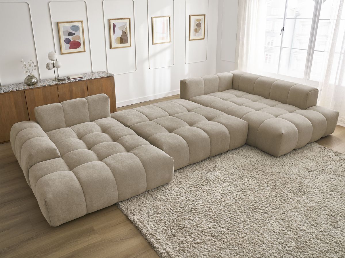 Canapé d'angle fixe EVEREST tissu chiné - Orange - Angle droit - 10 coussins