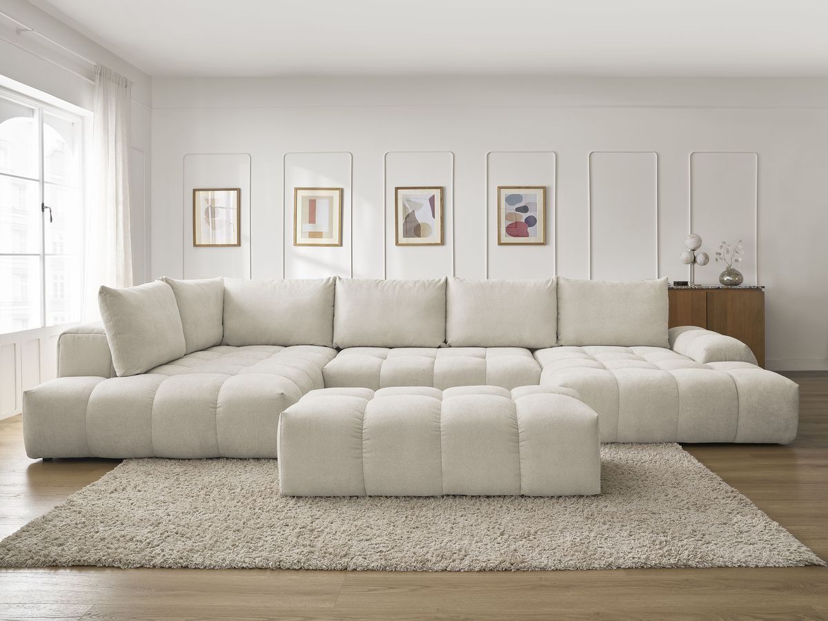 Canapé panoramique convertible coffre EVEREST texturé avec pouf beige — vue 5