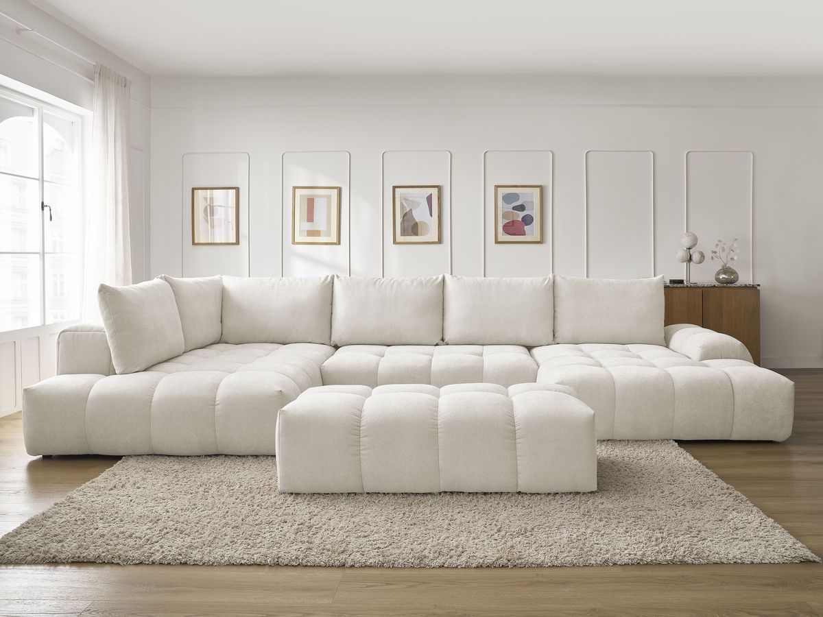 Canapé panoramique convertible coffre EVEREST texturé avec pouf blanc — vue 5