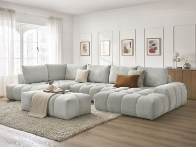 Canapé panoramique convertible coffre EVEREST tissu texturé avec pouf