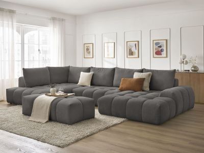 Canapé panoramique convertible coffre EVEREST tissu texturé avec pouf