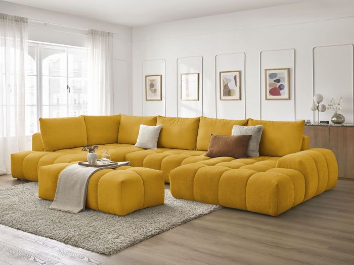 Canapé panoramique convertible coffre EVEREST tissu texturé avec pouf