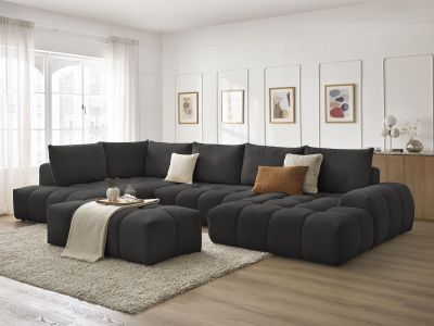 Canapé panoramique convertible coffre EVEREST tissu texturé avec pouf