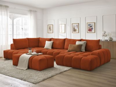 Canapé panoramique convertible coffre EVEREST tissu texturé avec pouf