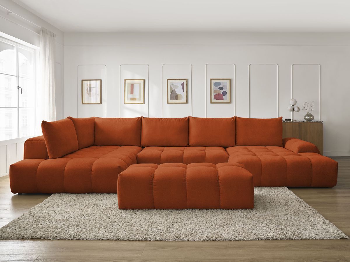 Canapé panoramique convertible coffre EVEREST texturé avec pouf orange — vue 5