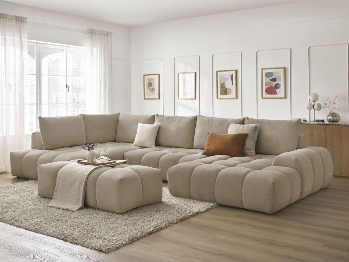 Canapé panoramique convertible coffre EVEREST tissu texturé avec pouf