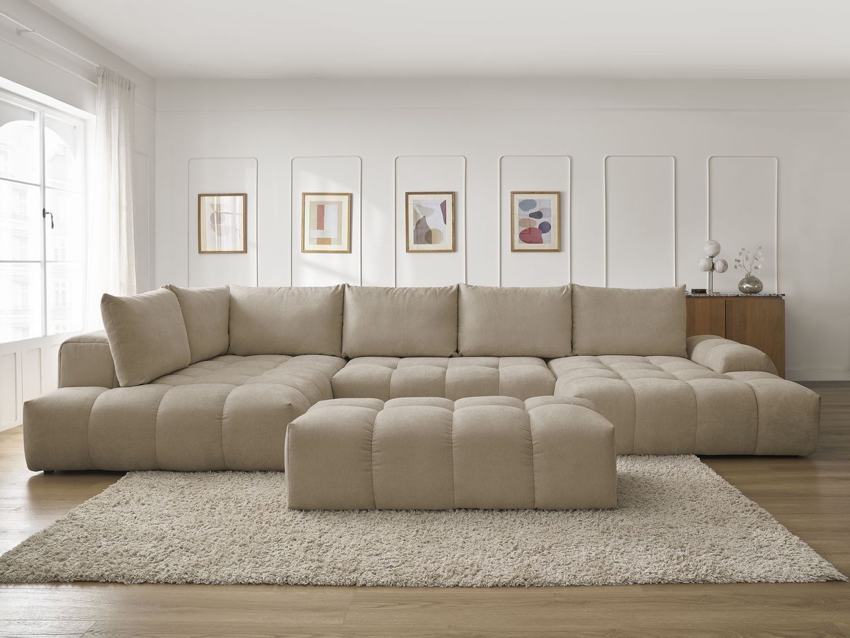 Canapé panoramique convertible coffre EVEREST texturé avec pouf taupe — vue 5