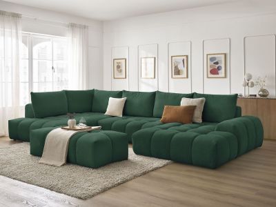 Canapé panoramique convertible coffre EVEREST tissu texturé avec pouf