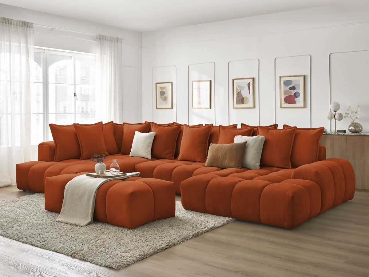 Canapé panoramique convertible coffre EVEREST tissu texturé avec pouf
