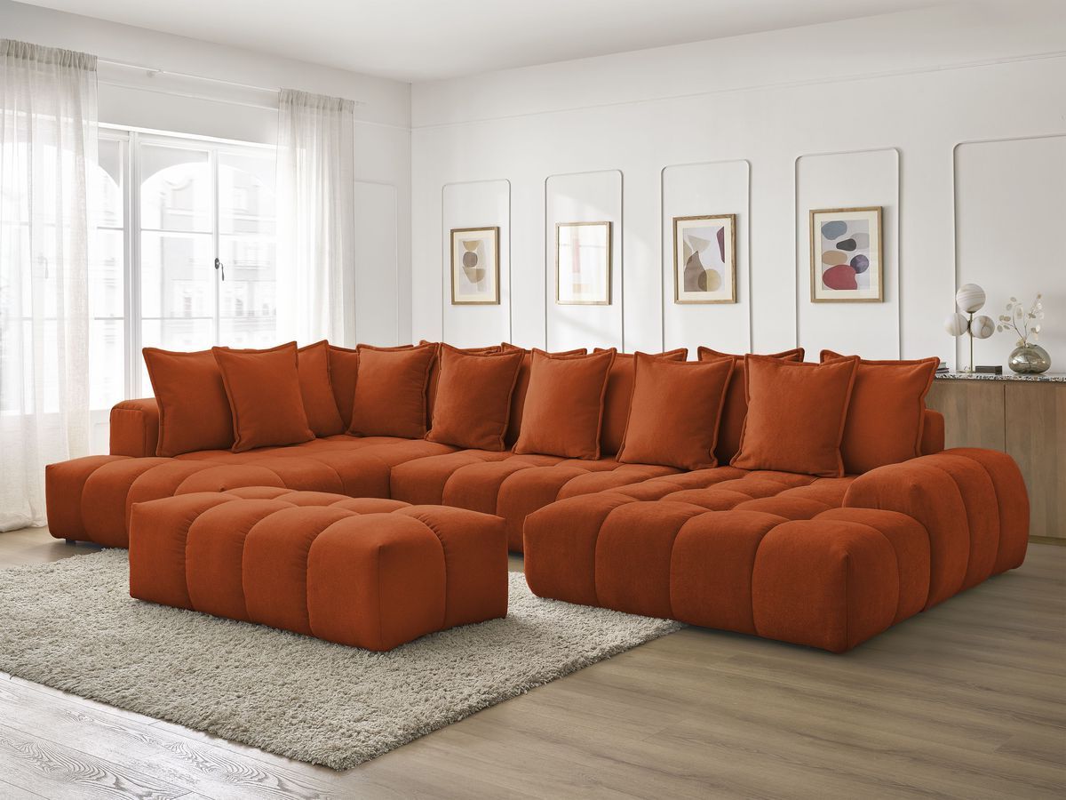 Canapé panoramique convertible coffre EVEREST tissu texturé avec pouf