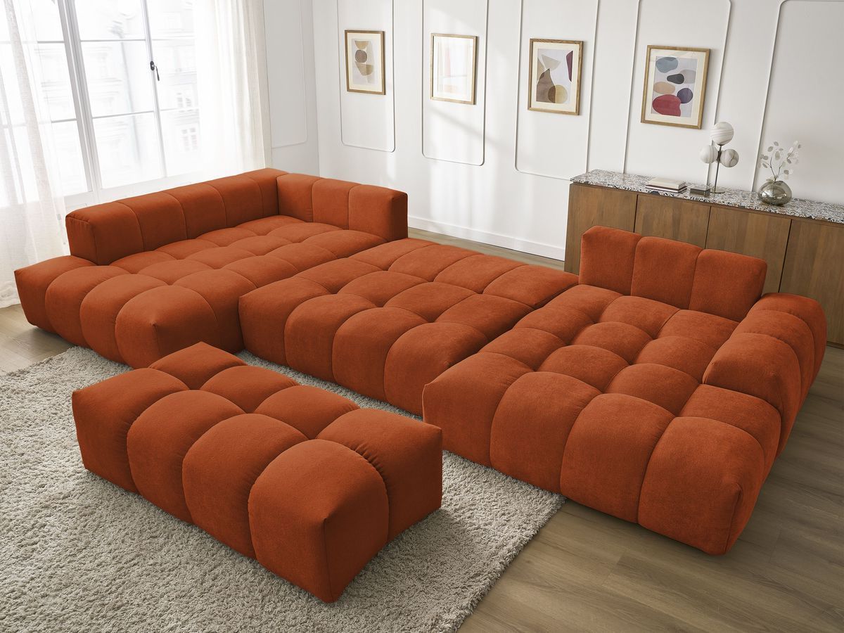 Canapé panoramique convertible coffre EVEREST tissu texturé avec pouf