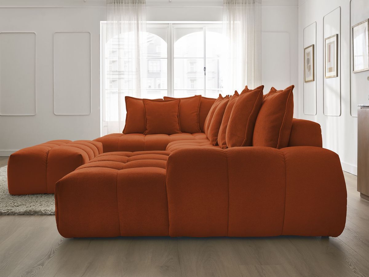 Canapé panoramique convertible coffre EVEREST tissu texturé avec pouf