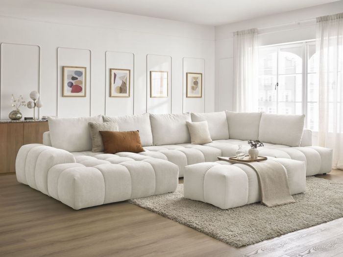 Canapé panoramique convertible coffre EVEREST tissu texturé avec pouf