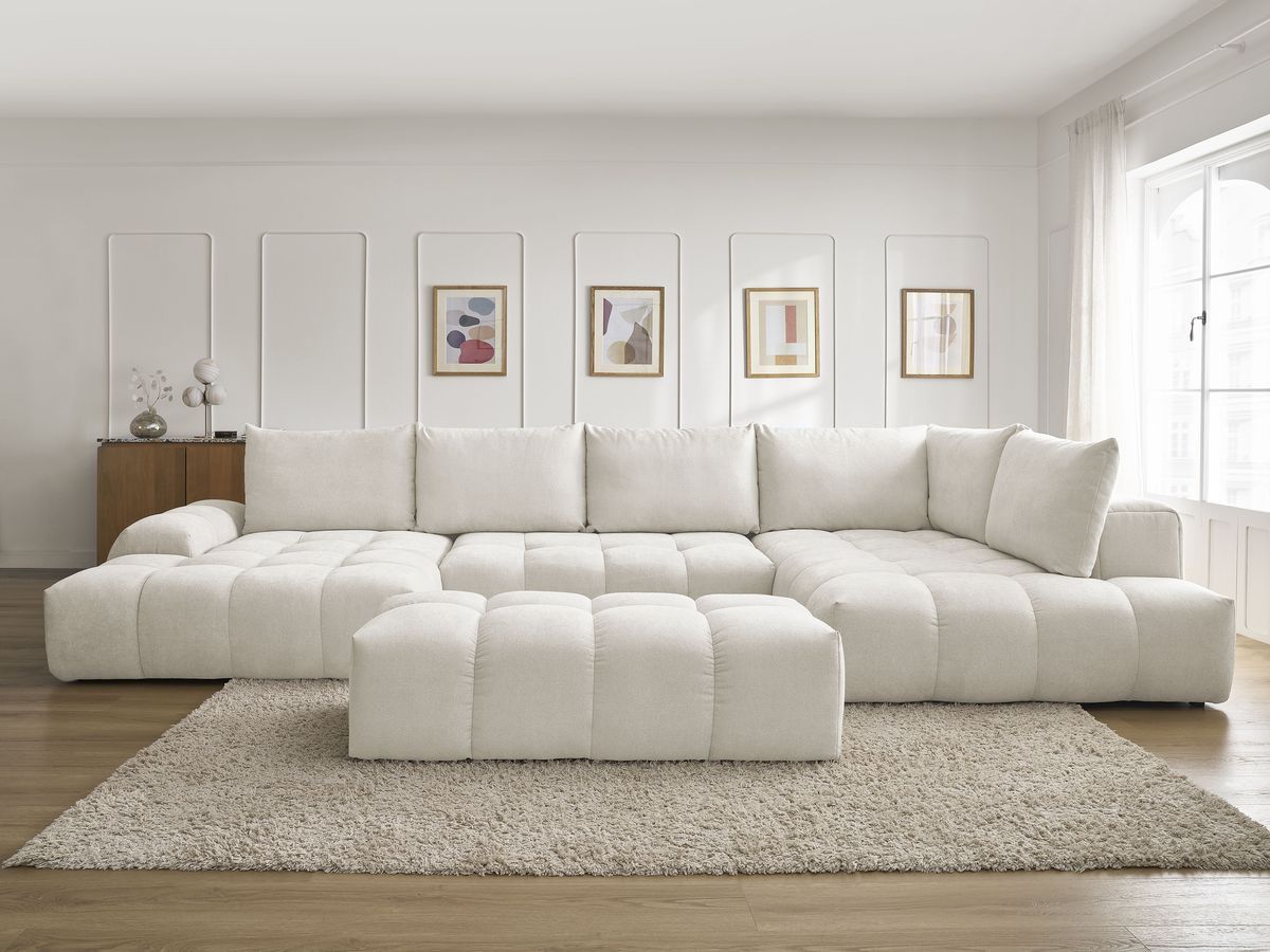 Canapé panoramique convertible coffre EVEREST tissu texturé avec pouf blanc angle gauche BOBOCHIC 7 places - Vue supplémentaire 3