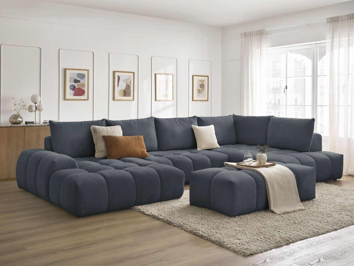 Canapé panoramique convertible coffre EVEREST tissu texturé avec pouf