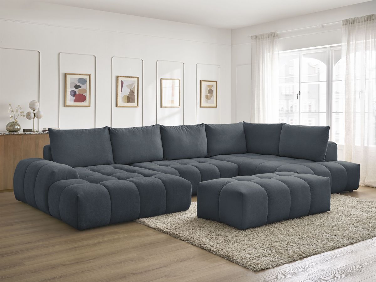 Canapé panoramique convertible coffre EVEREST tissu texturé avec pouf