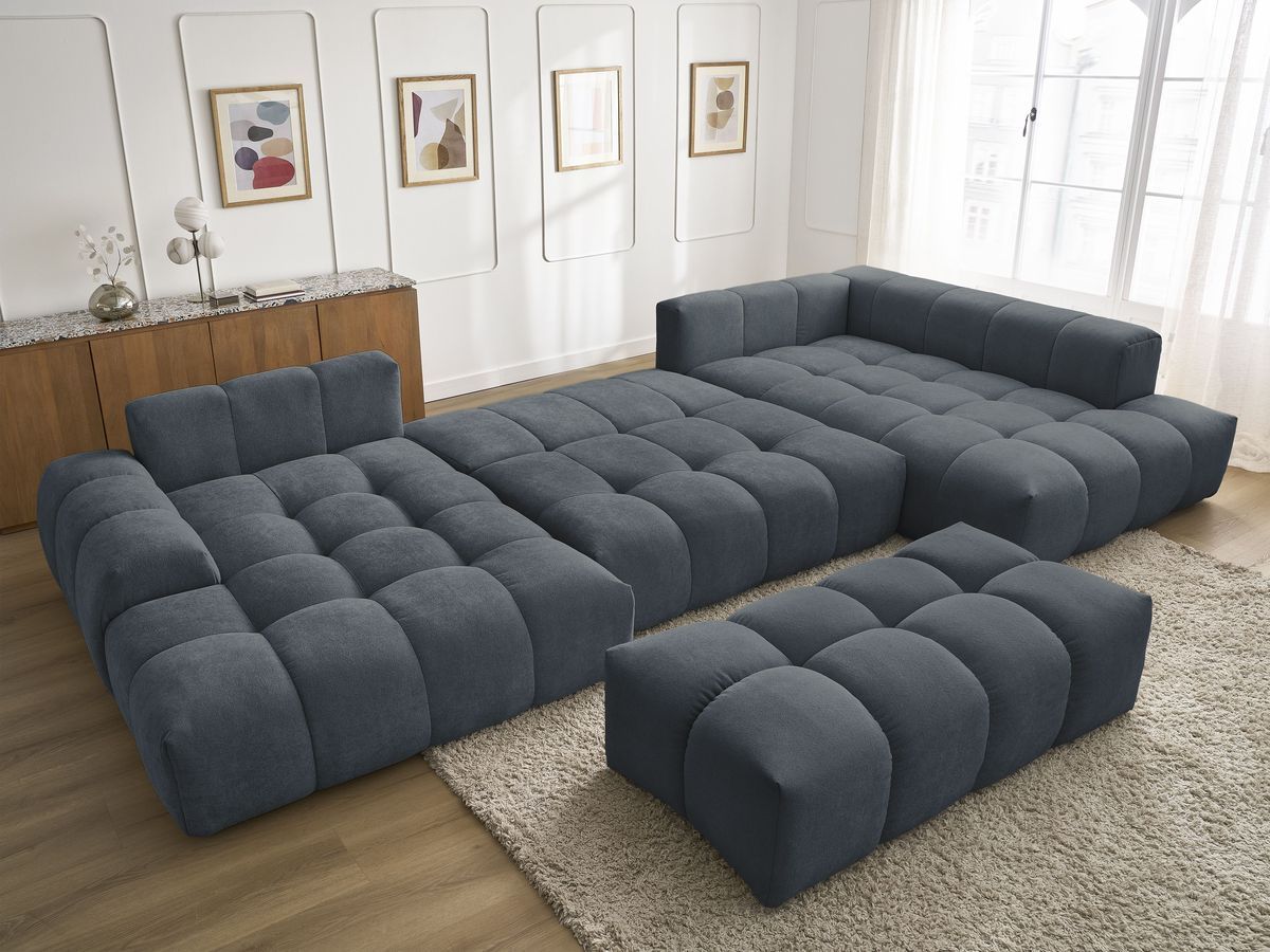 Canapé panoramique convertible coffre EVEREST tissu texturé avec pouf