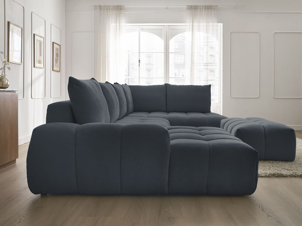 Canapé panoramique convertible coffre EVEREST tissu texturé avec pouf