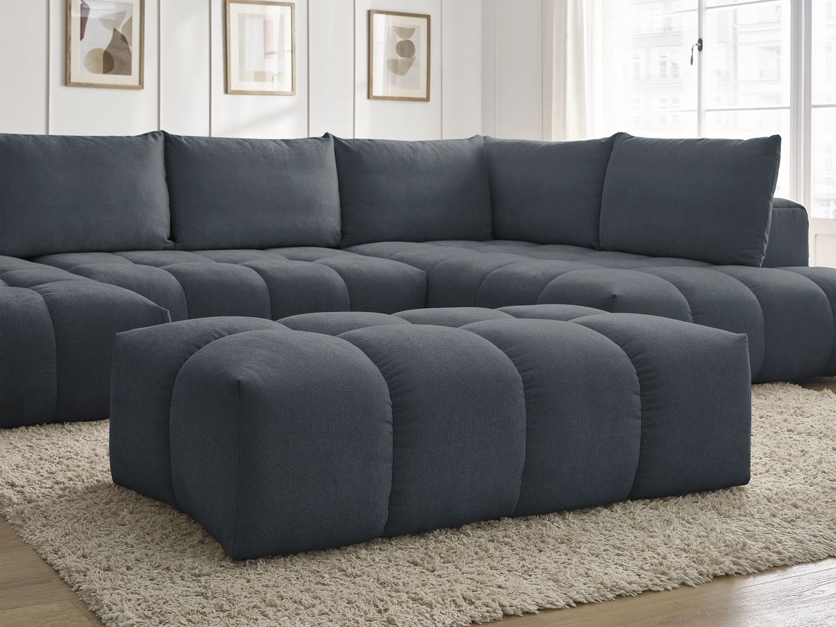 Canapé panoramique convertible coffre EVEREST tissu texturé avec pouf