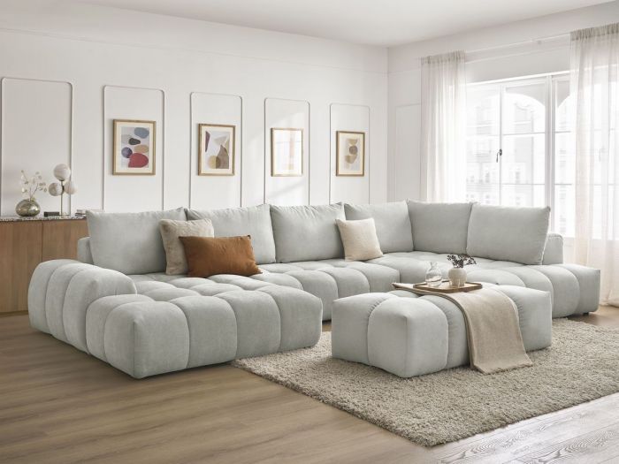 Canapé panoramique convertible coffre EVEREST tissu texturé avec pouf