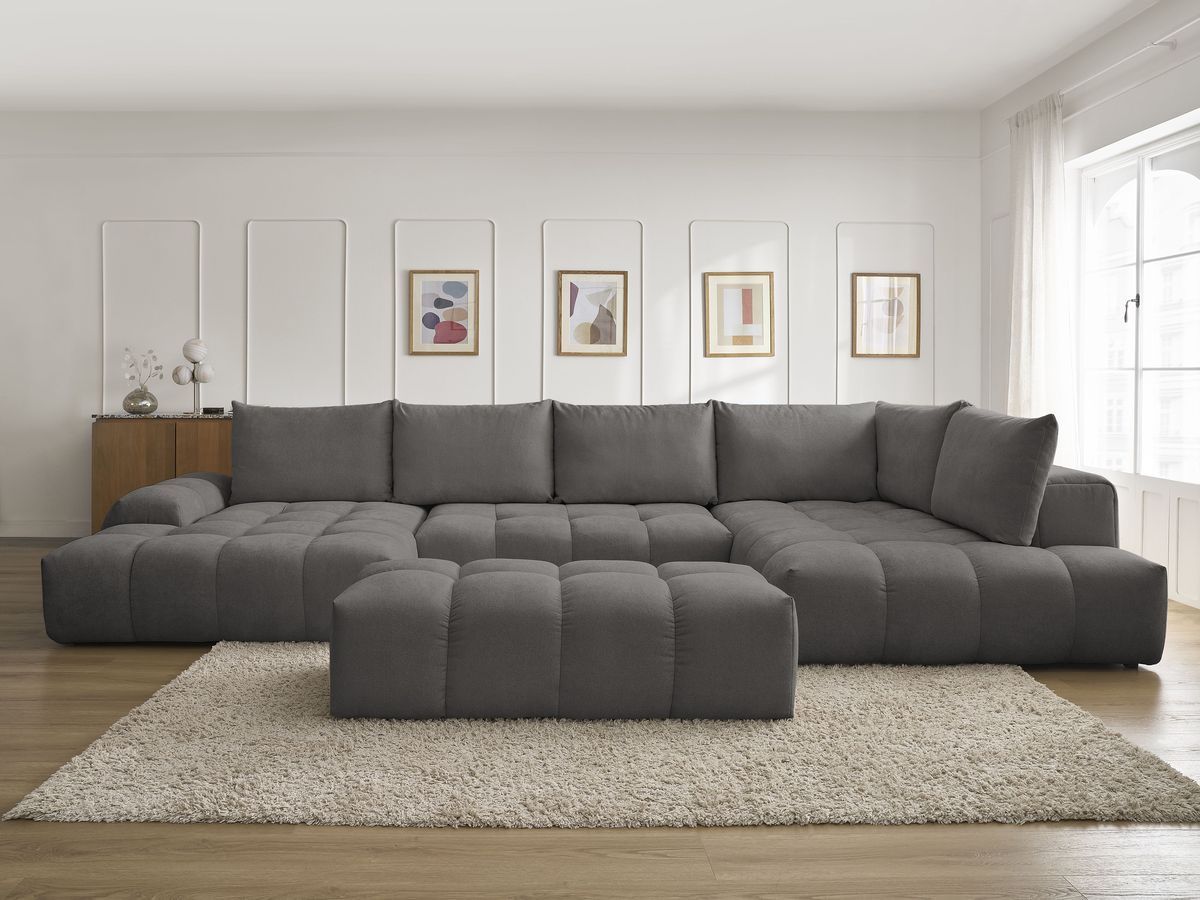 Canapé panoramique convertible coffre EVEREST tissu texturé avec pouf gris foncé angle gauche BOBOCHIC 7 places - Vue supplémentaire 3