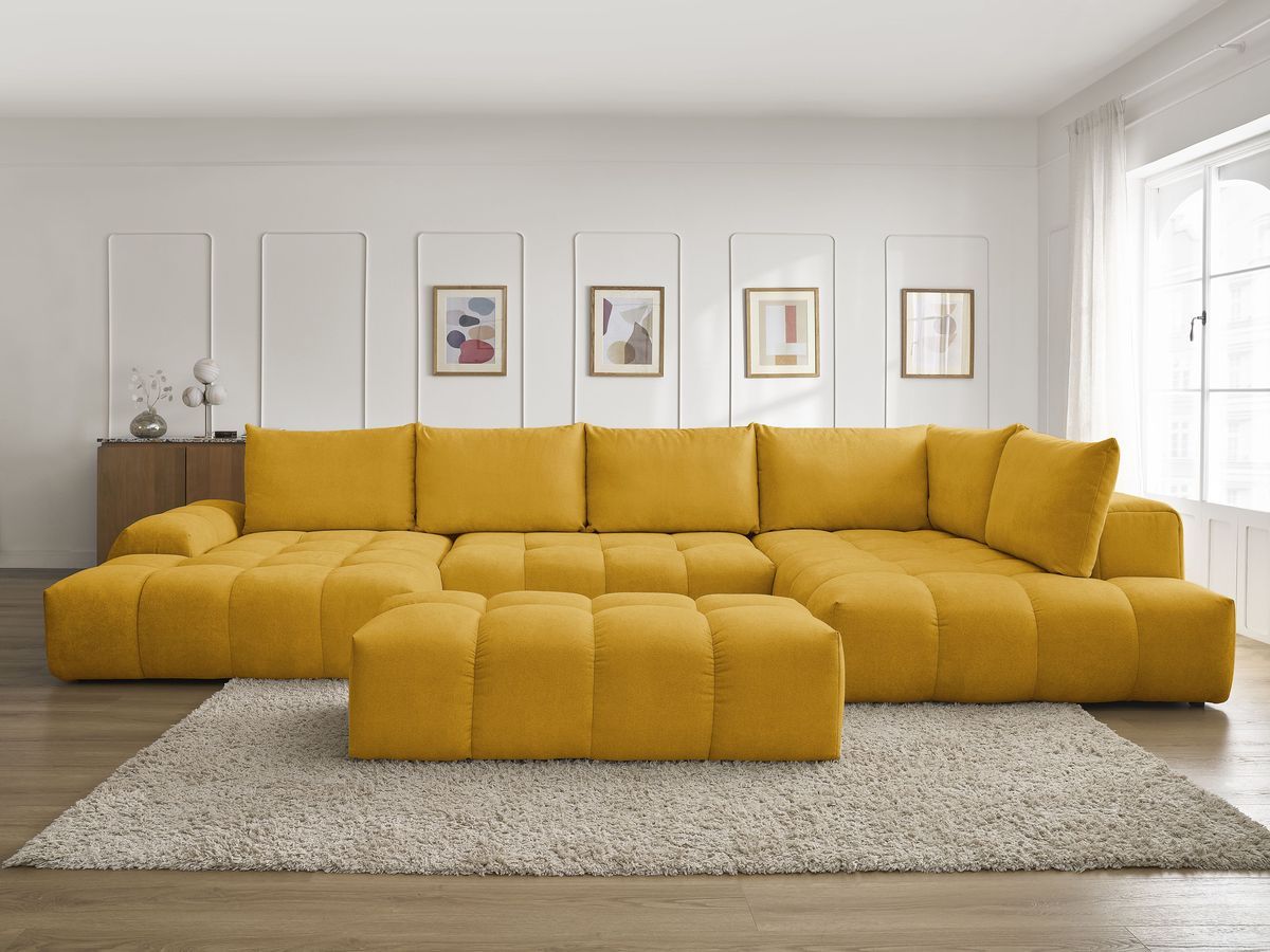 Canapé panoramique convertible coffre EVEREST tissu texturé avec pouf jaune angle gauche BOBOCHIC 7 places - Vue supplémentaire 3