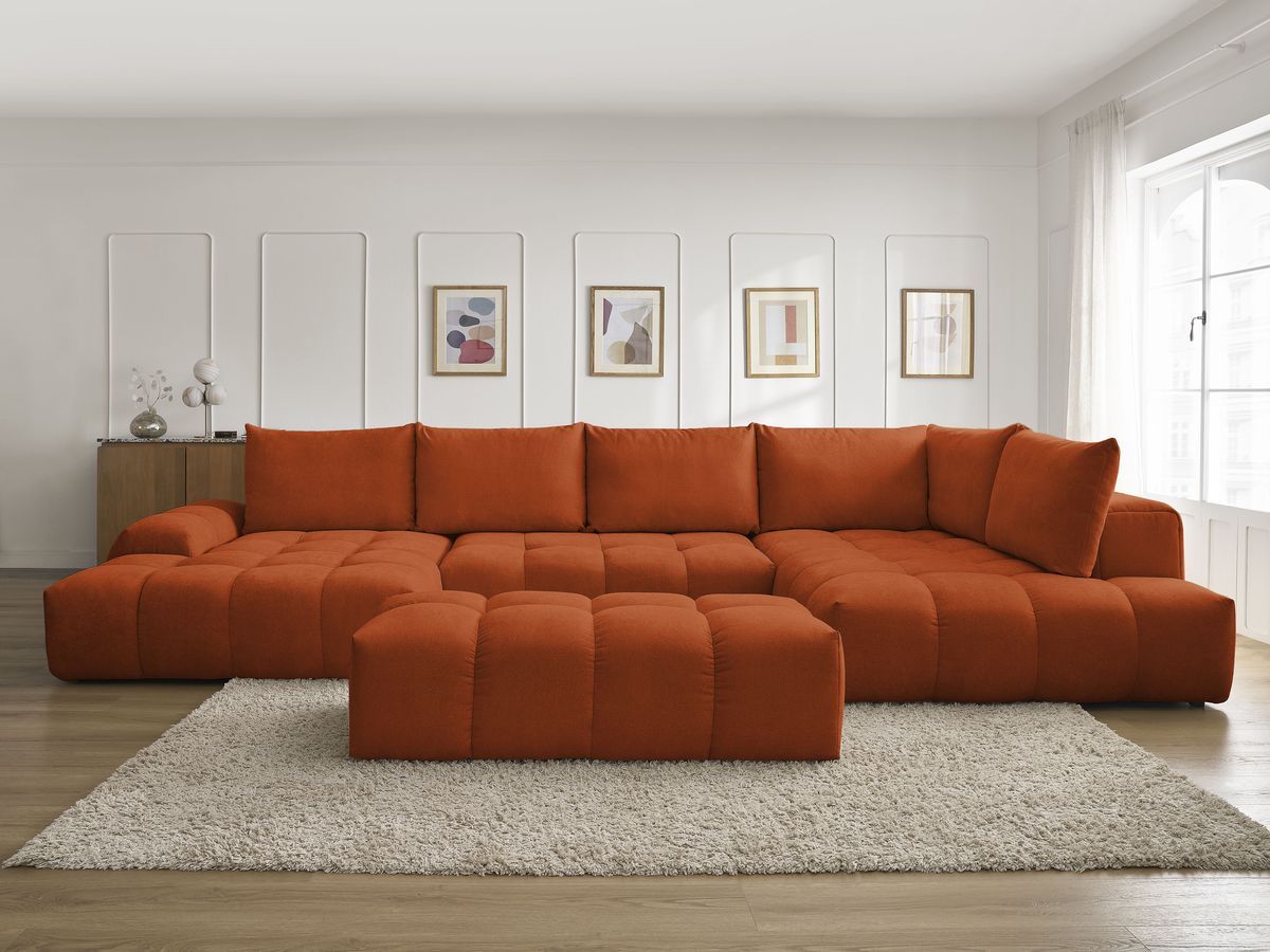 Canapé panoramique convertible coffre EVEREST tissu texturé avec pouf orange angle gauche BOBOCHIC 7 places - Vue supplémentaire 3