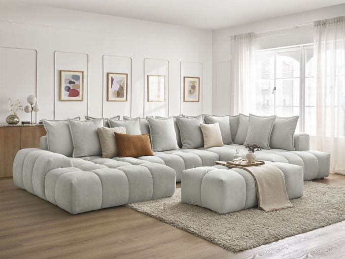 Canapé panoramique convertible coffre EVEREST tissu texturé avec pouf