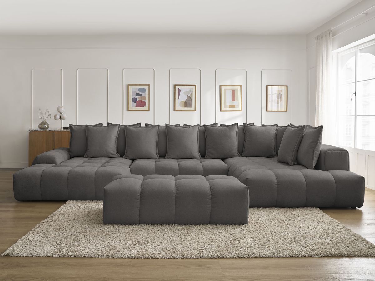 Canapé panoramique convertible coffre EVEREST tissu texturé avec pouf gris foncé angle gauche BOBOCHIC 7 places - Vue supplémentaire 3