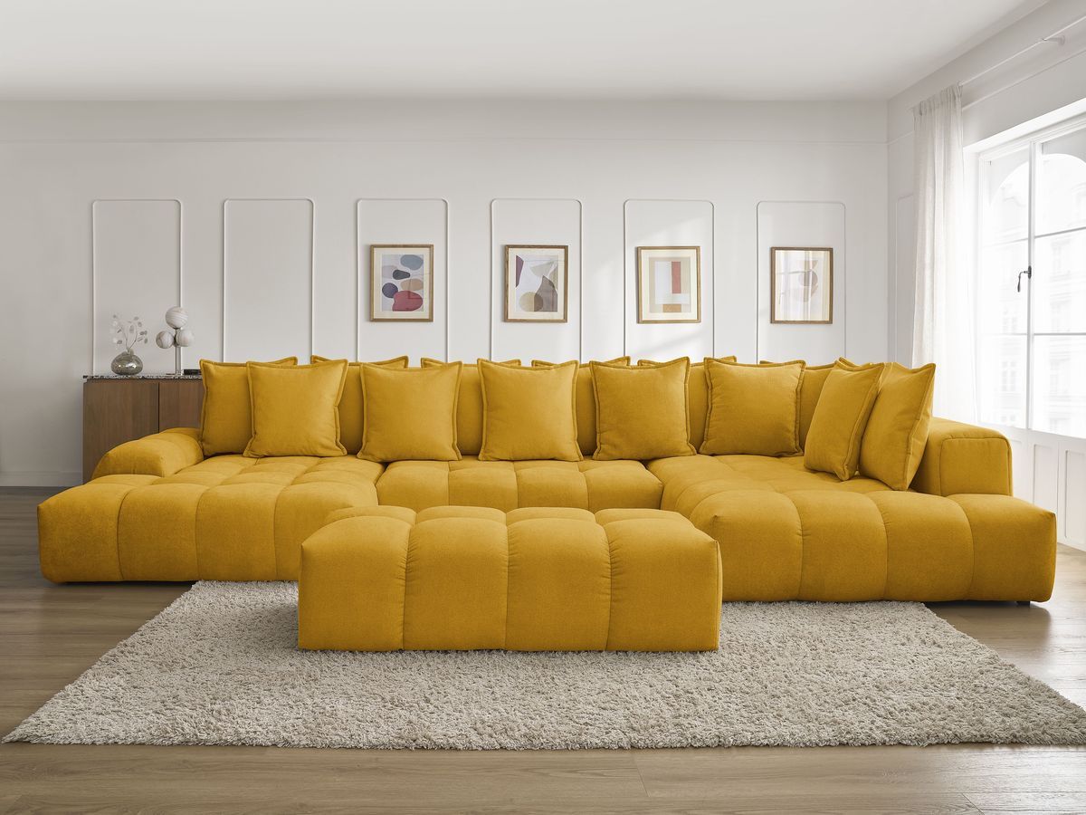 Canapé panoramique convertible coffre EVEREST tissu texturé avec pouf jaune angle gauche BOBOCHIC 7 places - Vue supplémentaire 3