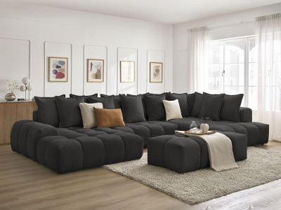 Canapé panoramique convertible coffre EVEREST tissu texturé avec pouf