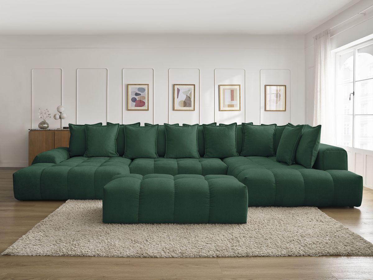 Canapé panoramique convertible coffre EVEREST tissu texturé avec pouf vert angle gauche BOBOCHIC 7 places - Vue supplémentaire 3