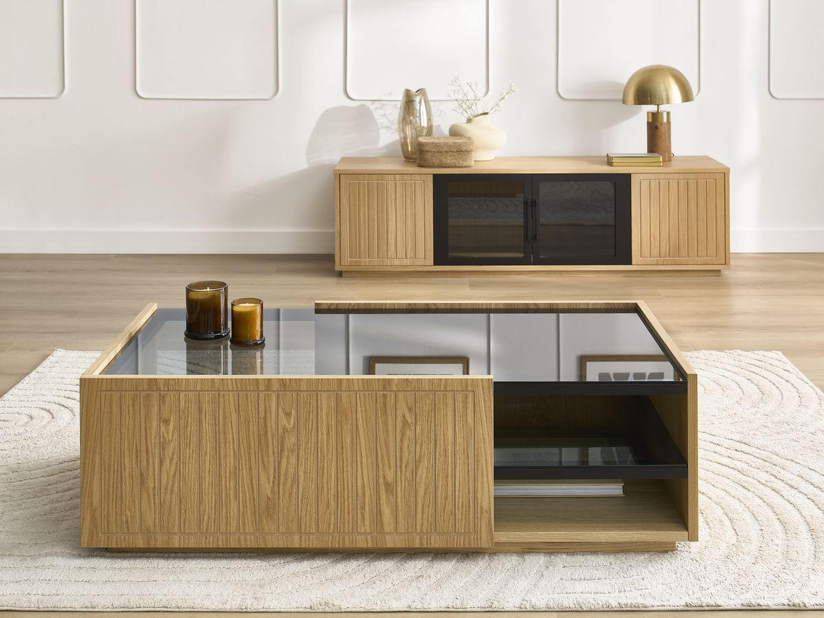 THEMYS set met 160 cm TV-meubel + 100 cm salontafel in massief eiken fineer
