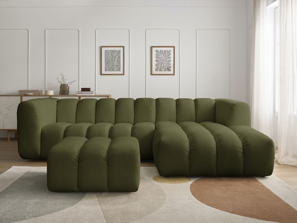 Canapé d'angle fixe TALIA tissu chiné avec pouf vert angle droit BOBOCHIC 4 places - Vue supplémentaire 3