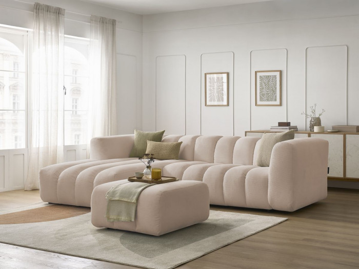 Canapé d'angle fixe TALIA tissu chiné avec pouf