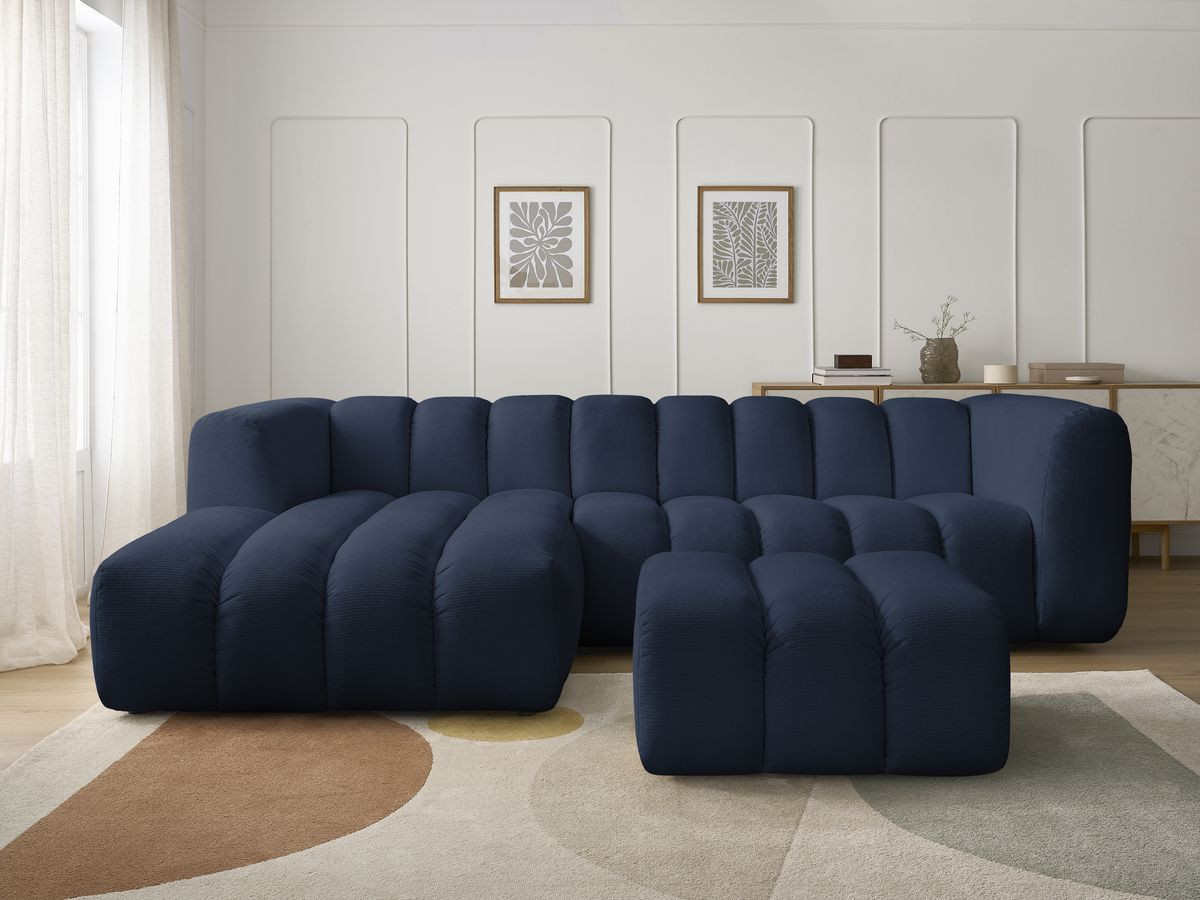 Canapé d'angle fixe TALIA tissu chiné avec pouf bleu foncé angle gauche BOBOCHIC 4 places - Vue supplémentaire 3