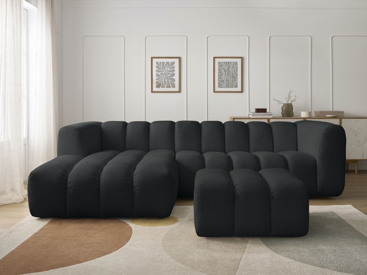 Canapé d'angle fixe TALIA tissu chiné avec pouf noir angle gauche BOBOCHIC 4 places - Vue supplémentaire 3