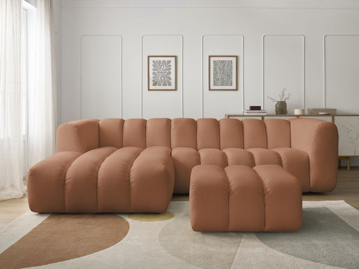 Canapé d'angle fixe TALIA tissu chiné avec pouf orange angle gauche BOBOCHIC 4 places - Vue supplémentaire 3