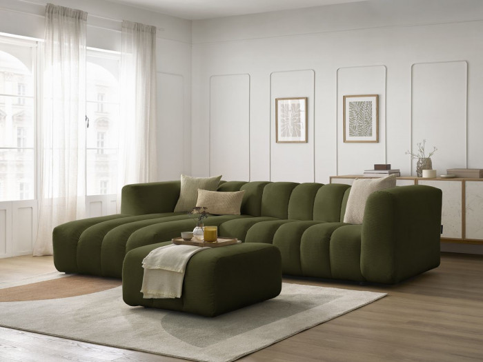 Canapé d'angle fixe TALIA tissu chiné avec pouf