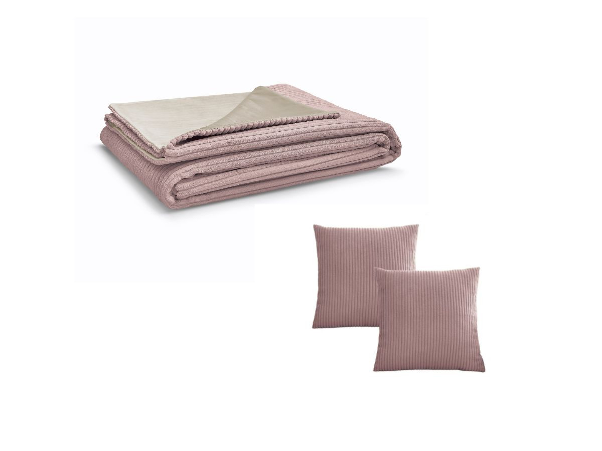 Ensemble STOCKHOLM avec plaid 140 x 180 cm + 2 coussins bifaces violet