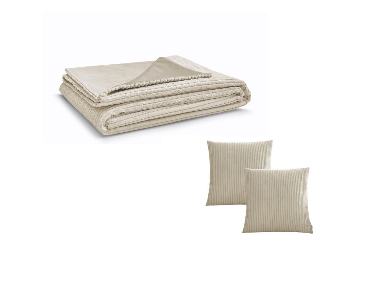 Ensemble STOCKHOLM avec plaid 140 x 180 cm + 2 coussins bifaces beige