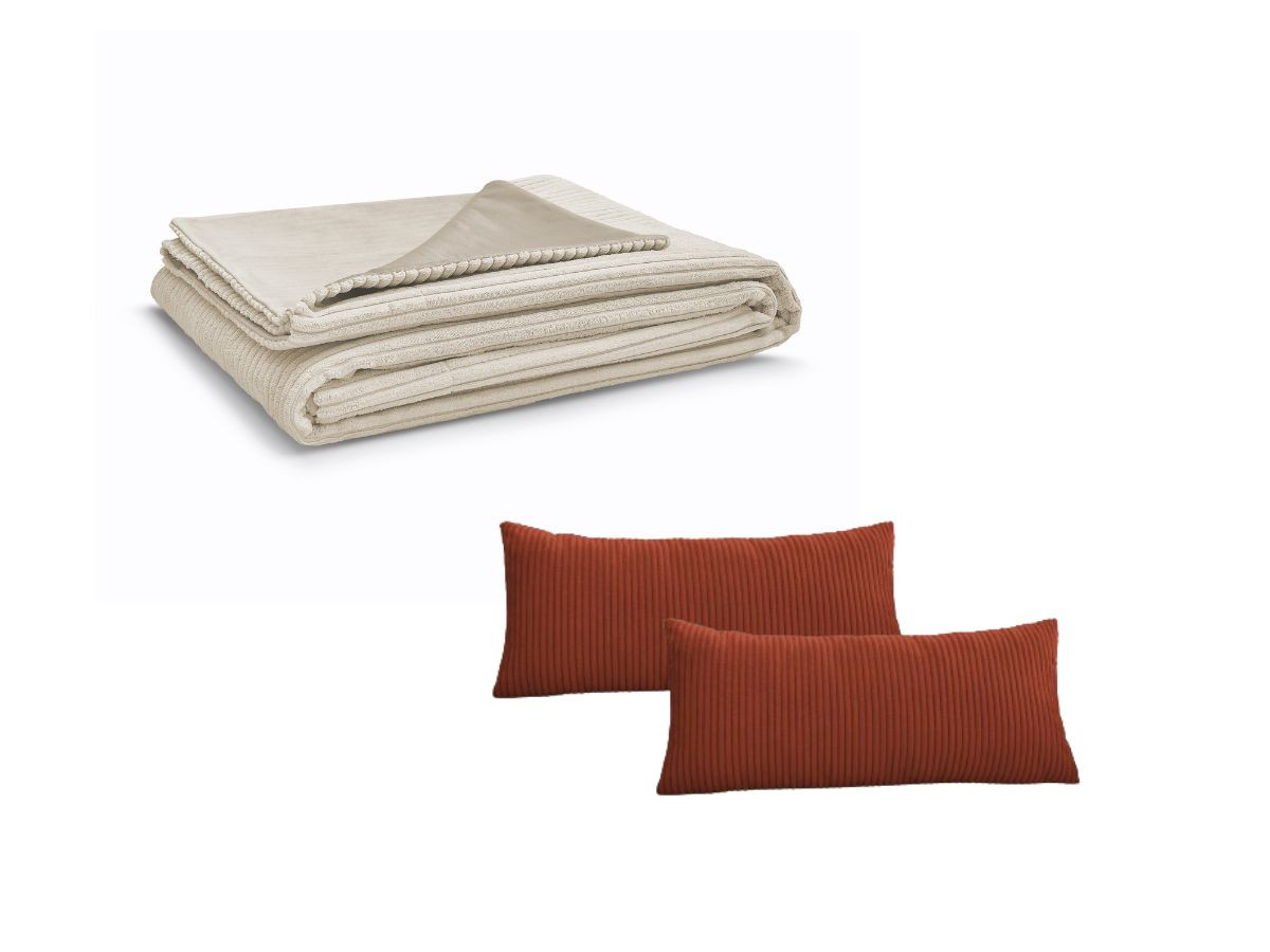 STOCKHOLM set met beige plaid + 2 omkeerbare terracotta kussens
