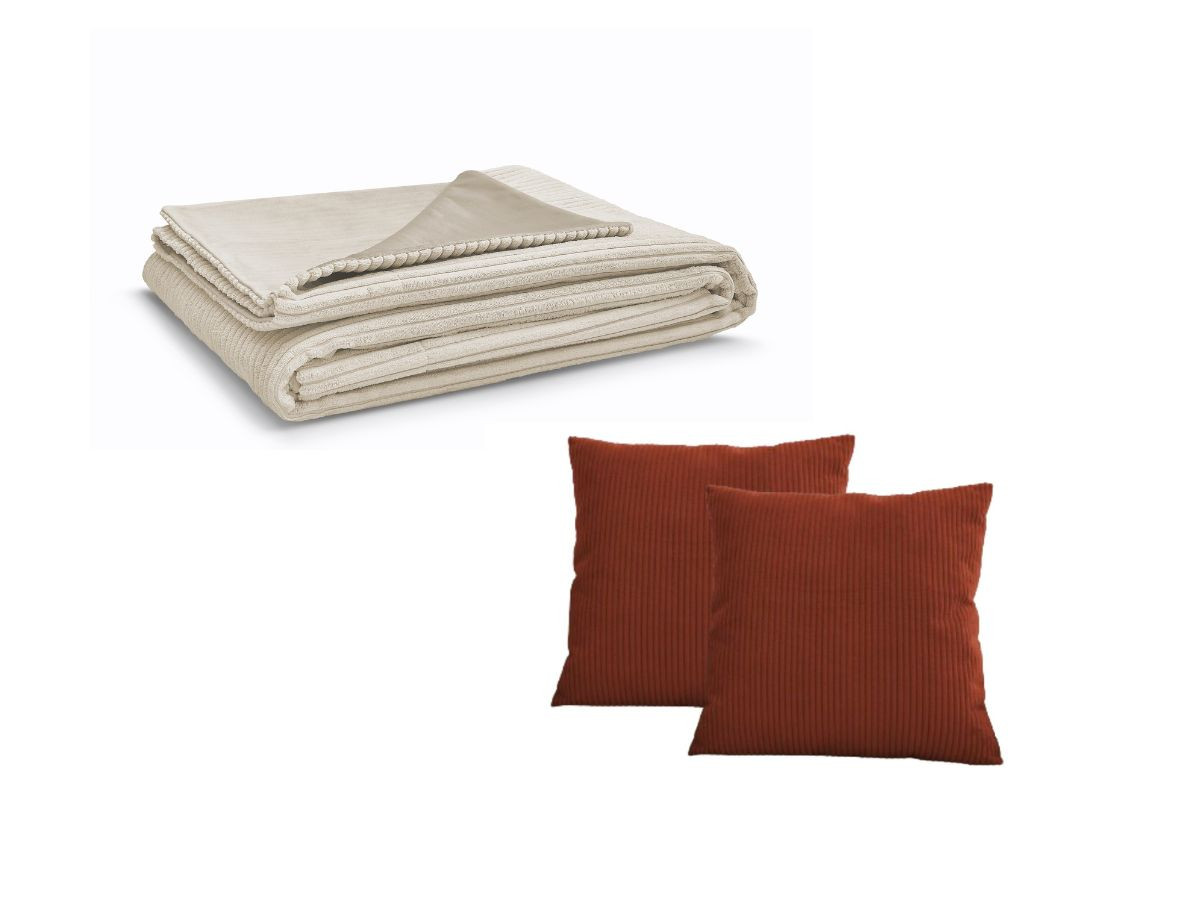 STOCKHOLM set met beige plaid + 2 omkeerbare terracotta kussens