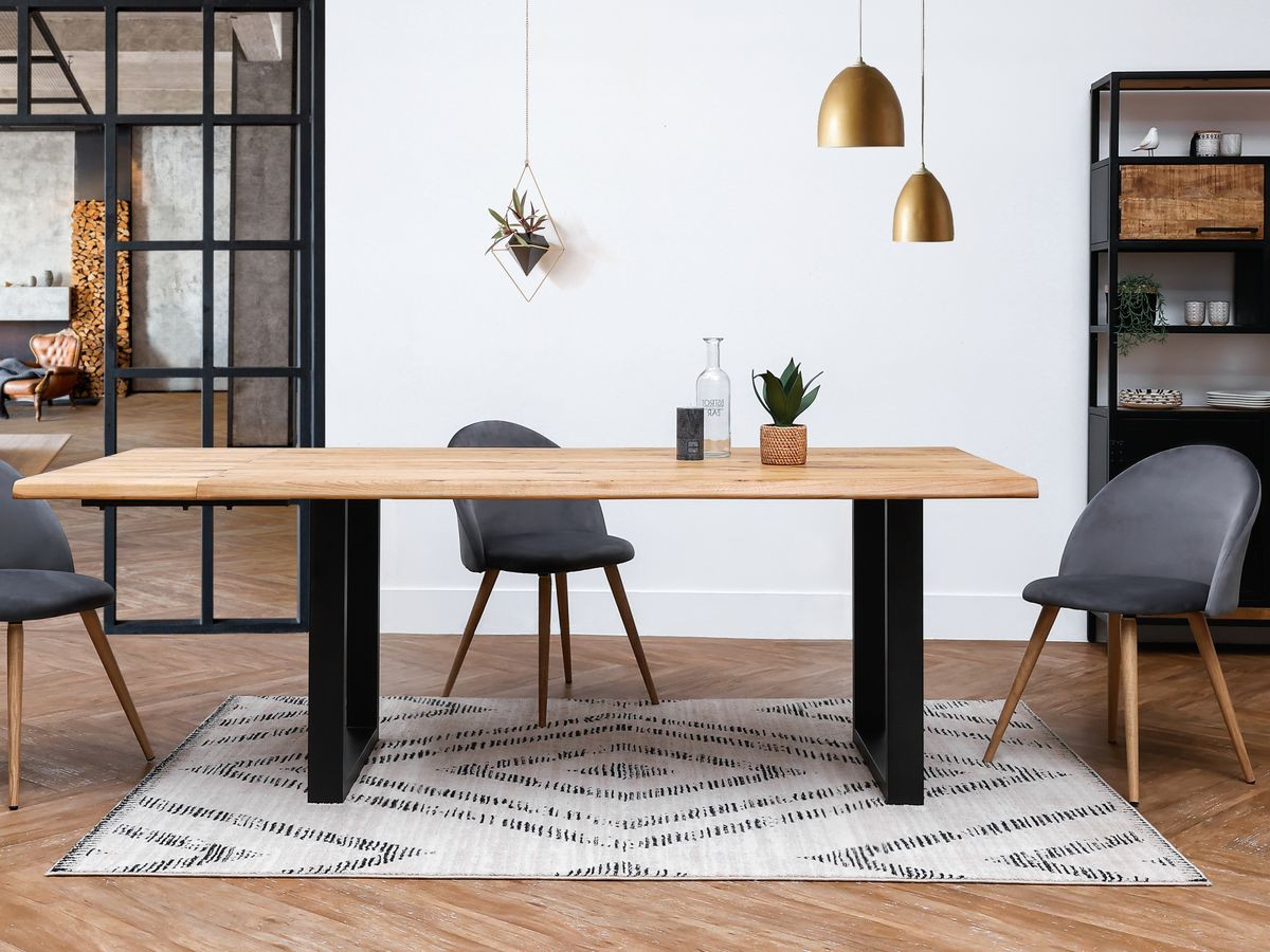 AWANI set met uitschuifbare eettafel met vierkante poten van massief eikenhout + stoelen van corduroy